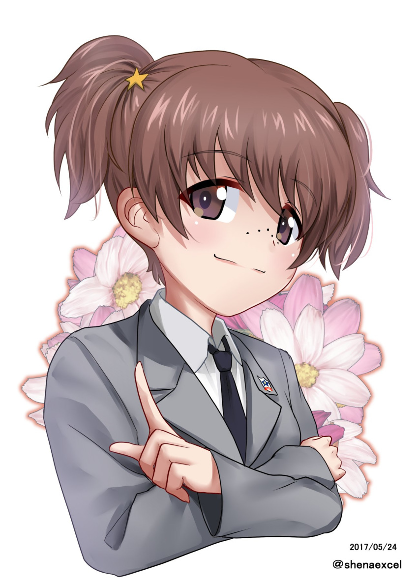 alisa_(girls_und_panzer) bangs blazer brown_eyes brown_hair closed_mouth commentary cropped_torso crossed_arms dated dress_shirt emblem excel_(shena) eyebrows_visible_through_hair floral_background freckles girls_und_panzer grey_jacket hair_ornament highres jacket long_sleeves looking_at_viewer necktie pointing pointing_up saunders_(emblem) saunders_school_uniform school_uniform shirt short_hair short_twintails smile smug solo star star_hair_ornament twintails twitter_username upper_body white_background white_shirt