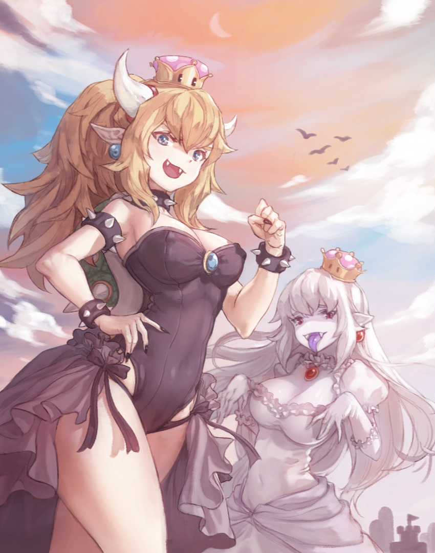 :d armlet bare_shoulders bird black_leotard black_nails blonde_hair blue_eyes bowsette bracelet breasts cleavage clenched_hand cloud collar crown dress earrings fangs gloves hand_on_hip highres horns jewelry kuzel_(bonolangje) leotard long_hair looking_at_viewer luigi's_mansion mario_(series) medium_breasts multiple_girls nail_polish new_super_mario_bros._u_deluxe open_mouth outdoors pale_skin pointy_ears ponytail princess_king_boo puffy_short_sleeves puffy_sleeves purple_tongue red_eyes short_sleeves sly smile spiked_armlet spiked_bracelet spiked_collar spikes standing strapless strapless_leotard sunset super_crown tongue tongue_out white_dress white_gloves white_hair