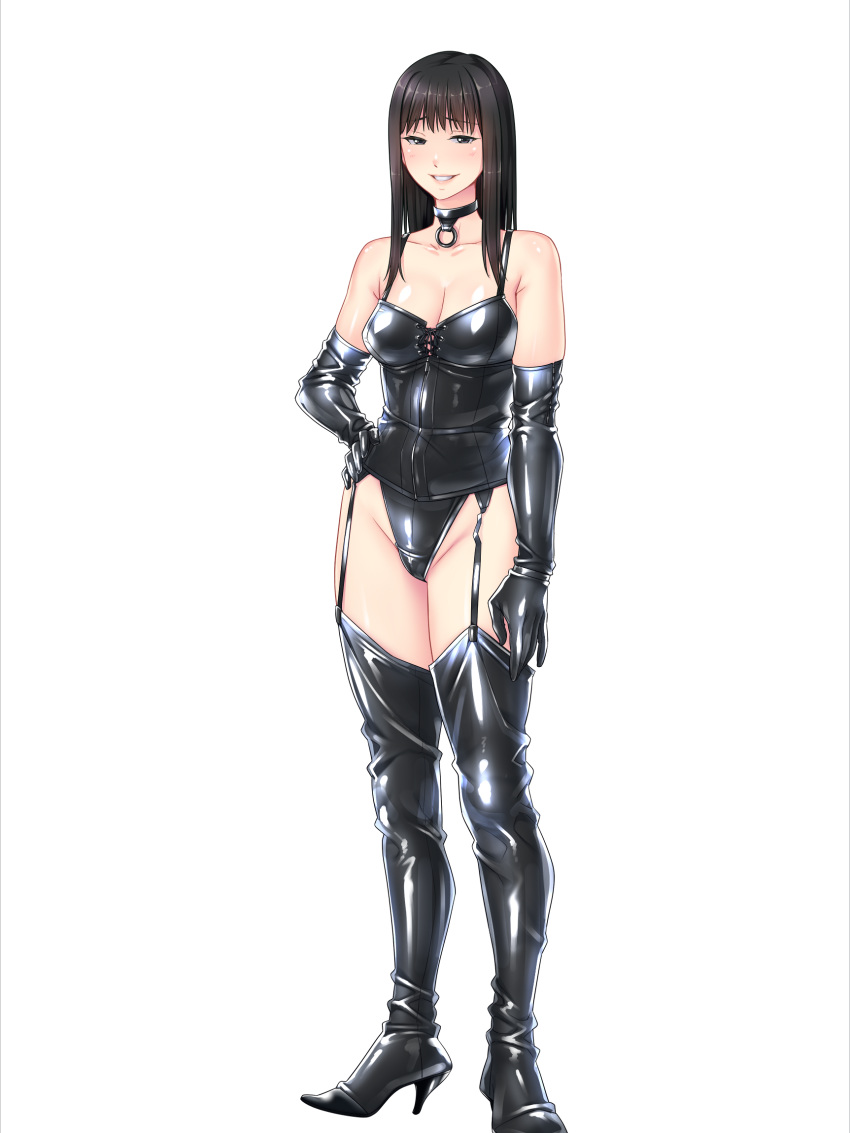 1girl bare_shoulders black_clothes black_eyes black_gloves black_hair black_panties boots breasts bubuzuke cleavage collar elbow_gloves feet full_body game_cg garter_straps gloves groin hand_on_hip highres latex latex_suit legs legs_together long_hair looking_at_viewer matching_hair/eyes medium_breasts panties parted_lips relaxation_yuka_m:_massage_kara_maso_e_no_kairaku_choukyou_saki_joou-sama_hen shiny shiny_clothes simple_background smile solo standing thigh_boots thighhighs thighs transparent_background underwear