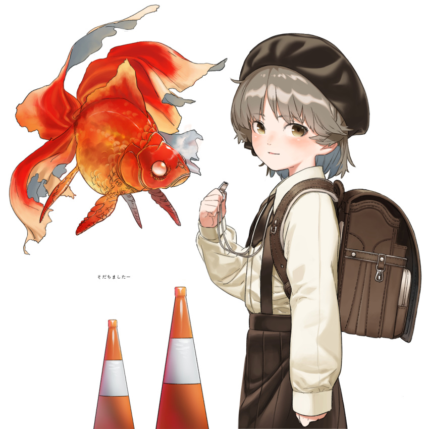 backpack bag bangs beret black_hat blouse brown_eyes brown_hair fish goldfish hat hatoba_tsugu hatoba_tsugu_(character) highres holding_whistle nishida_kiri pleated_skirt randoseru short_hair simple_background skirt solo traffic_cone virtual_youtuber whistle white_blouse