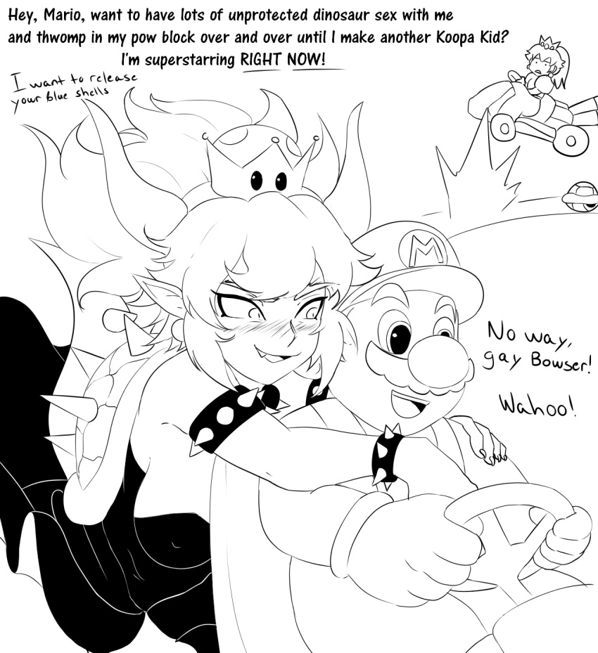 alternate_species black_and_white blush bowser bowsette_meme breasts clothed clothing collar crown dialogue facial_hair female gloves haaru happy hat horn human humanized humanoid humor innuendo koopa male mammal mario mario_bros meme monochrome mustache nintendo nipples no_way_fag not_furry open_mouth ponytail princess_peach scalie sharp_teeth simple_background smile spiked_collar spikes super_crown teeth vehicle video_games