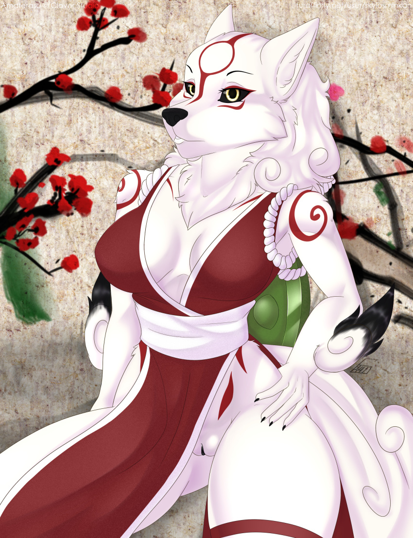 amaterasu anthro breasts canine capcom clothed clothing cosplay deity female fur mammal markings pussy red_markings skylosminkan solo video_games white_fur wolf yellow_eyes ōkami