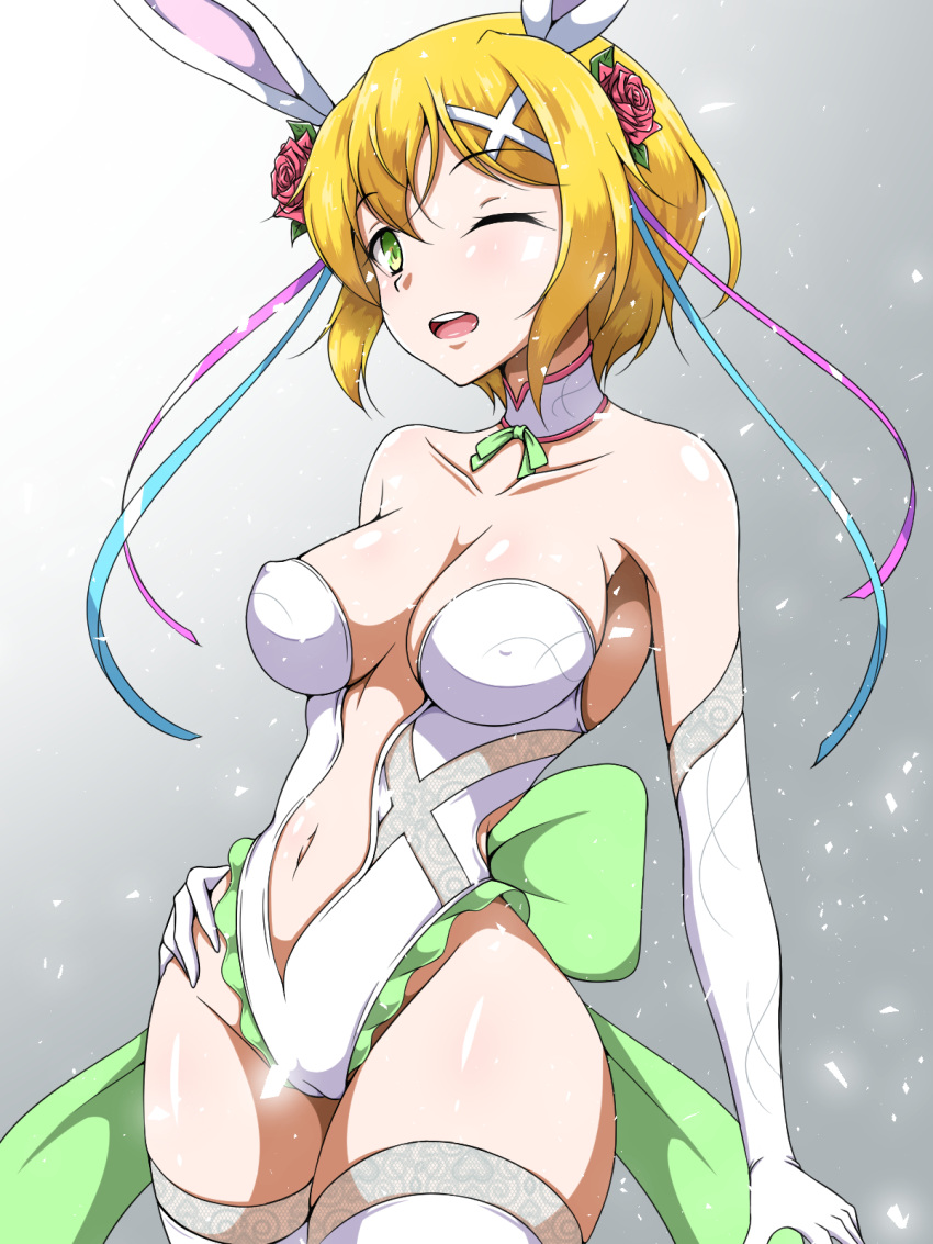 aimo_(aimo1214) akatsuki_kirika animal_ears blonde_hair breasts bunny_ears bunny_girl cameltoe commentary_request elbow_gloves gloves green_eyes hair_ornament highres large_breasts leotard looking_at_viewer navel one_eye_closed open_mouth senki_zesshou_symphogear senki_zesshou_symphogear_xd_unlimited shiny shiny_hair shiny_skin short_hair smile solo teeth thighhighs white_legwear white_leotard x_hair_ornament
