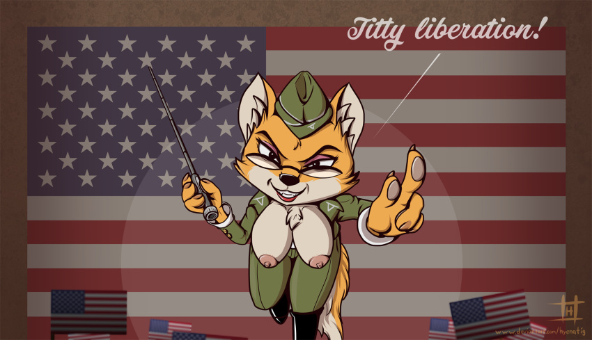 2018 anthro bent_over biped black_nose blouse boots breasts canine chest_tuft clothing eyebrows eyelashes eyewear female footwear fox fur glasses hat holding_object hyenatig_(artist) lt._fox_vixen mammal military_uniform multicolored_fur nipples orange_fur pants pointing red_fox sek_studios smile solo squirrel_and_hedgehog stars_and_stripes teeth toothy_grin tuft two_tone_fur uniform united_states_of_america white_fur