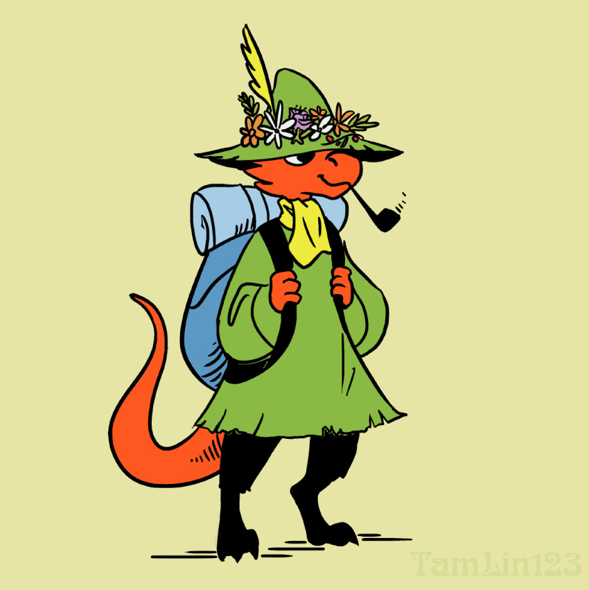 backpack clothing cosplay flower hat kobold male pipe plant red_scales scales scalie scarf simple_background tamlin123