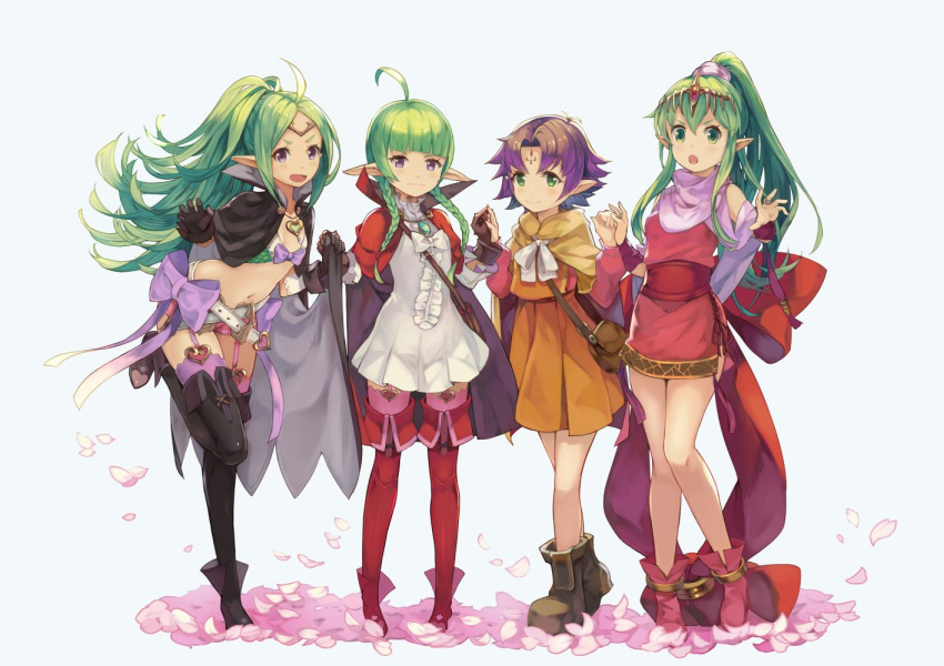 :d :o ahoge bag bangs belt black_cape black_footwear black_legwear blush boots bow braid bridal_gauntlets brown_footwear cape center_frills chiki closed_mouth dress fa fire_emblem fire_emblem:_ankoku_ryuu_to_hikari_no_tsurugi fire_emblem:_fuuin_no_tsurugi fire_emblem:_kakusei fire_emblem:_monshou_no_nazo fire_emblem:_shin_ankoku_ryuu_to_hikari_no_tsurugi fire_emblem:_shin_monshou_no_nazo frills garter_straps green_eyes green_hair grey_cape hair_between_eyes heart high_ponytail jewelry kurosawa_tetsu leaning_forward long_hair looking_at_viewer low_twintails multicolored multicolored_cape multicolored_clothes multiple_girls navel nn_(fire_emblem) nono_(fire_emblem) open_mouth orange_skirt parted_bangs pendant petals pink_footwear pink_legwear pleated_skirt pointy_ears ponytail purple_bow purple_cape purple_eyes purple_hair red_bag red_cape red_dress red_footwear red_legwear short_dress shoulder_bag skirt smile standing standing_on_one_leg thigh_boots thighhighs thighhighs_under_boots twin_braids twintails v-shaped_eyebrows very_long_hair white_background white_belt white_dress