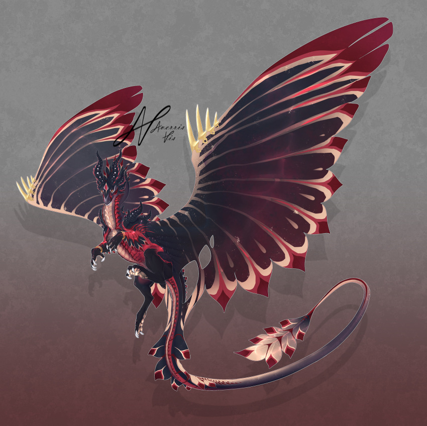 2018 amber_eyes ambiguous_gender averrisvis claws curved_horn digital_media_(artwork) dragon feathered_dragon feathered_wings feathers feral full-length_portrait horn portrait simple_background solo spines wings