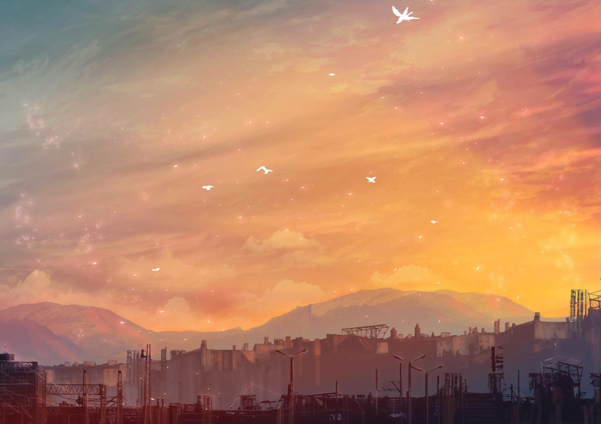 cloud commentary_request dorayaki_d highres lamppost machinery mountain mountainous_horizon no_humans original scenery sky skyline structure sunset town