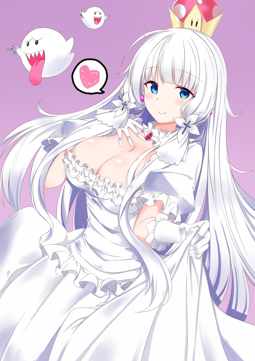 absurdres azur_lane bangs blue_eyes blunt_bangs blush boo breasts cleavage collar commentary_request cosplay cowboy_shot crown detached_collar dress elbow_gloves eyebrows_visible_through_hair frilled_collar frilled_dress frilled_gloves frills ghost gloves hair_ornament hair_ribbon heart highres holding holding_torpedo illustrious_(azur_lane) jewelry large_breasts long_hair looking_at_viewer looking_to_the_side mamizu mario_(series) mole mole_under_eye new_super_mario_bros._u_deluxe princess_king_boo princess_king_boo_(cosplay) puffy_short_sleeves puffy_sleeves purple_background ribbon sharp_teeth short_sleeves simple_background skirt_hold smile solo spoken_heart super_crown teeth tongue tongue_out torpedo tress_ribbon white_dress white_gloves white_hair