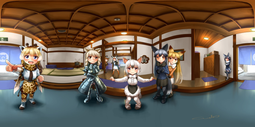 :d absurdres animal_ears armor atlantic_puffin_(kemono_friends) black_hair blonde_hair blue_eyes capybara_(kemono_friends) commentary_request drill_hair ezo_red_fox_(kemono_friends) fox_ears giraffe_ears grey_hair grey_wolf_(kemono_friends) highres indoors japari_symbol kemono_friends long_hair looking_at_viewer multiple_girls open_mouth orange_eyes outstretched_arms pantyhose pointing pointing_at_viewer red_eyes reticulated_giraffe_(kemono_friends) rhinoceros_ears short_hair signature silver_fox_(kemono_friends) smile southern_tamandua_(kemono_friends) spread_arms standing tamandua_ears very_long_hair welt_(kinsei_koutenkyoku) white_hair white_rhinoceros_(kemono_friends) wolf_ears