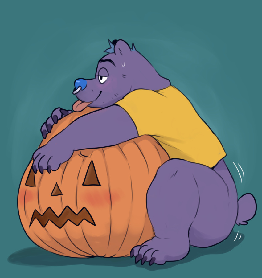 anthro bear blue_nose blush dry_humping food fruit fur glitter_trap_boy implied_humping improvised_sex_toy male mammal pink_tongue pumpkin purple_fur simple_background solo tongue