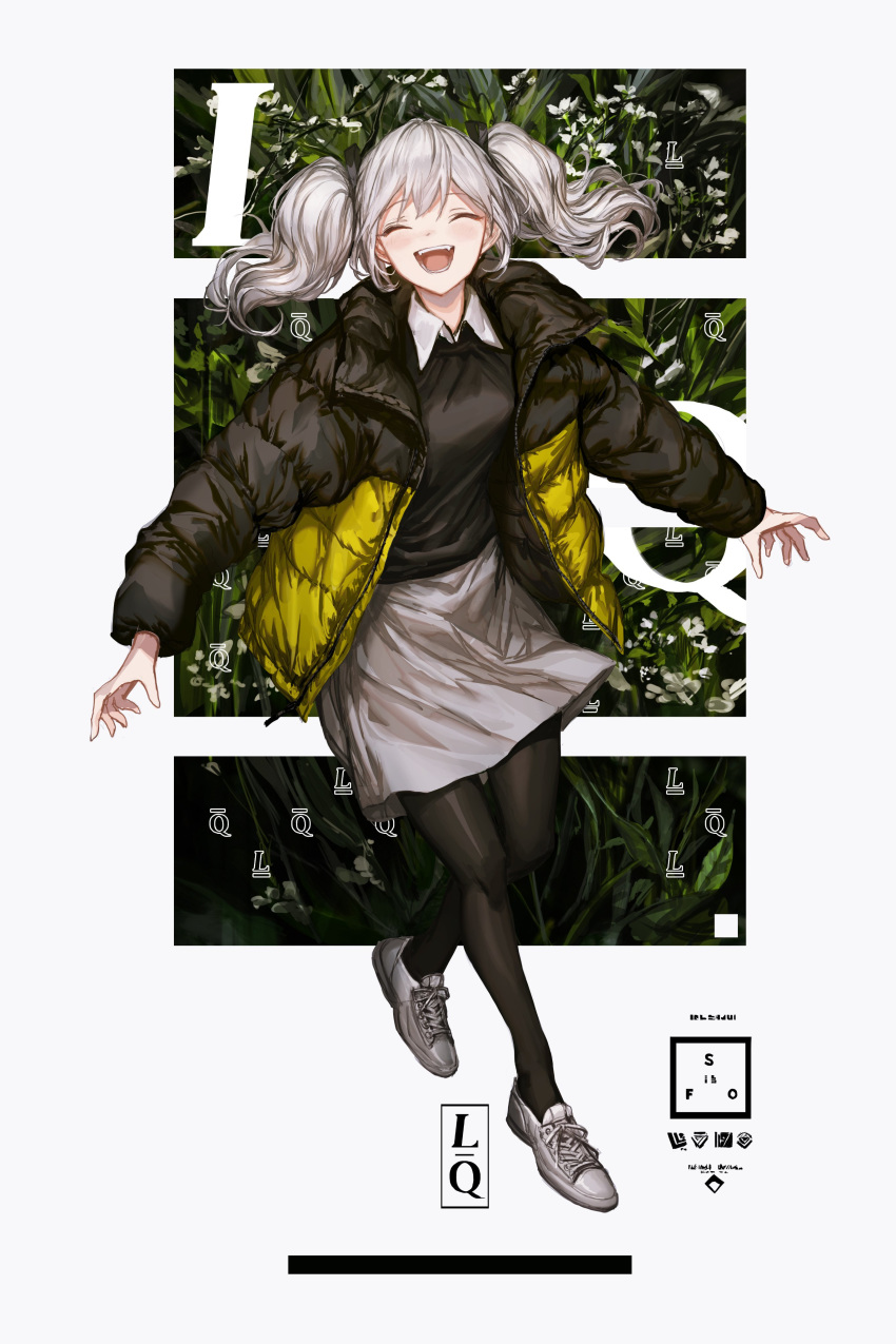 absurdres black_legwear closed_eyes commentary_request facing_viewer fangs full_body hair_between_eyes happy highres jacket lavender_quartz lm7_(op-center) open_mouth pantyhose shoes silver_hair simple_background skirt smile solo standing twintails white_skin