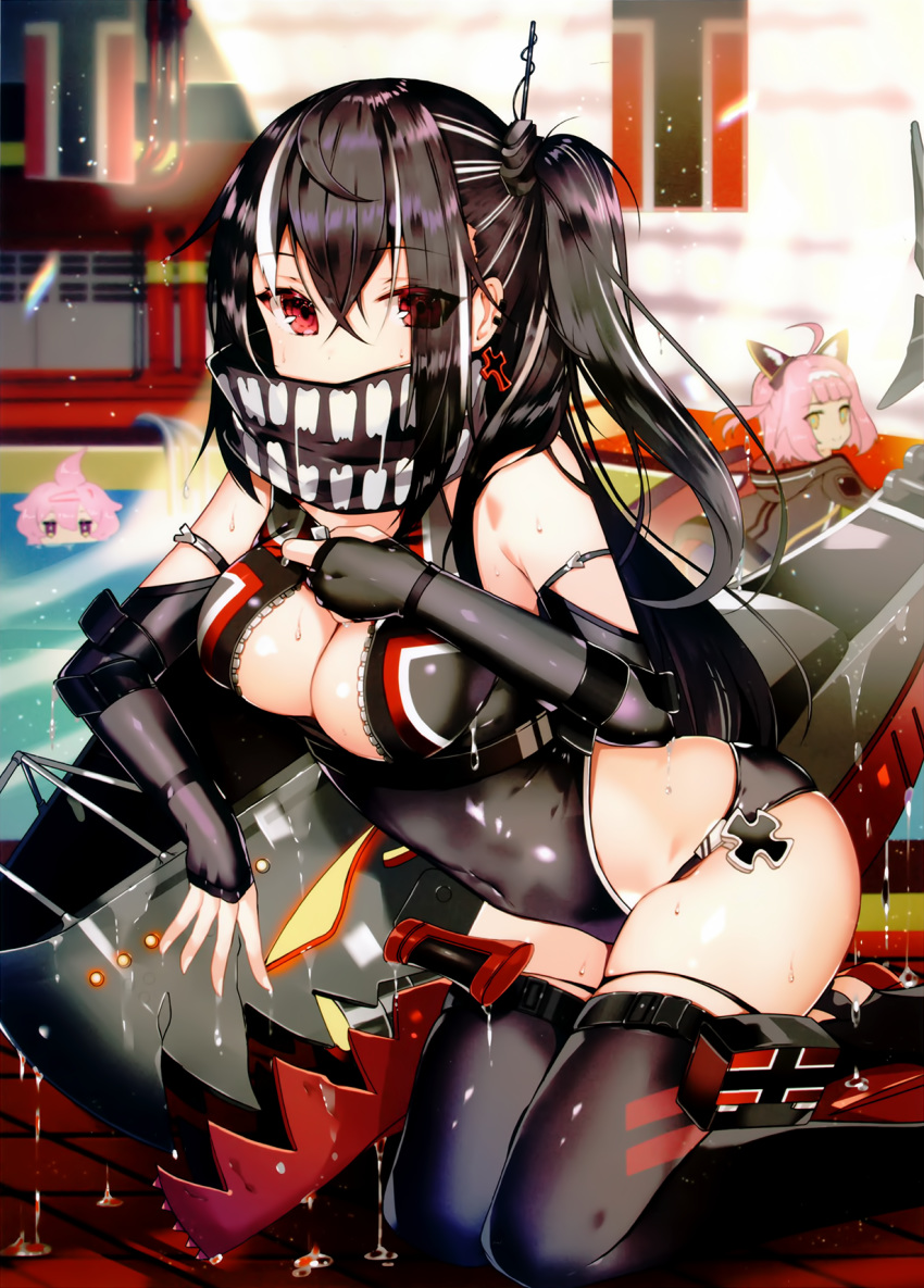 ahoge armlet azur_lane banned_artist black_gloves black_hair black_legwear blurry blurry_background breasts center_opening cleavage covered_navel cropped depth_of_field elbow_gloves eyes_visible_through_hair fingerless_gloves gloves highres leotard long_hair looking_at_viewer multicolored_hair multiple_girls official_art one_side_up partially_submerged pink_hair red_eyes scan sidelocks sitting streaked_hair tetsubuta thighhighs u-47_(azur_lane) u-557_(azur_lane) u-81_(azur_lane) unzipped wet white_hair