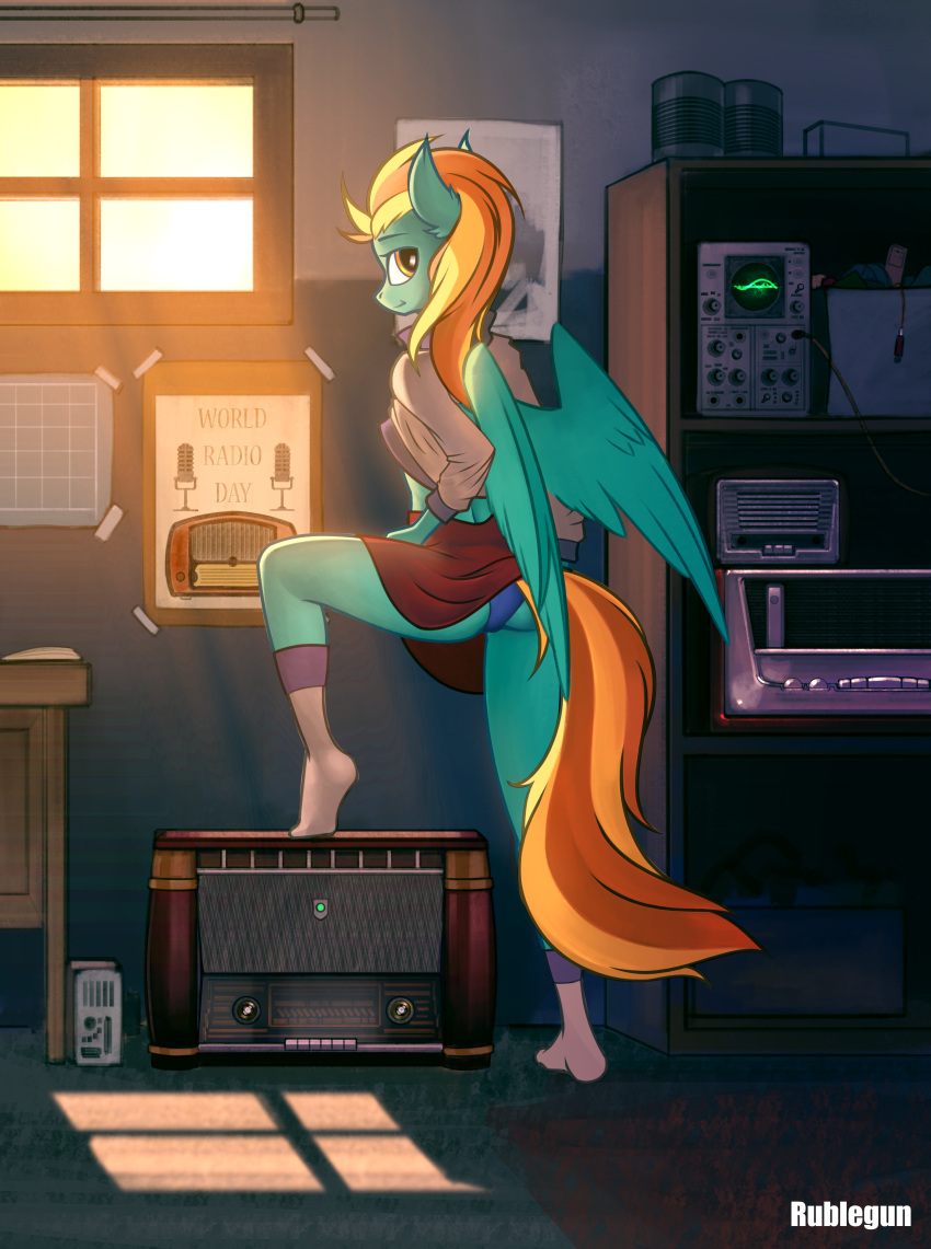 2018 anthro butt_pose clothed clothing day digital_media_(artwork) equine feathered_wings feathers female friendship_is_magic green_feathers inside lightning_dust_(mlp) mammal my_little_pony panties panty_shot pegasus rublegun smile solo standing step_pose underwear upskirt window wings