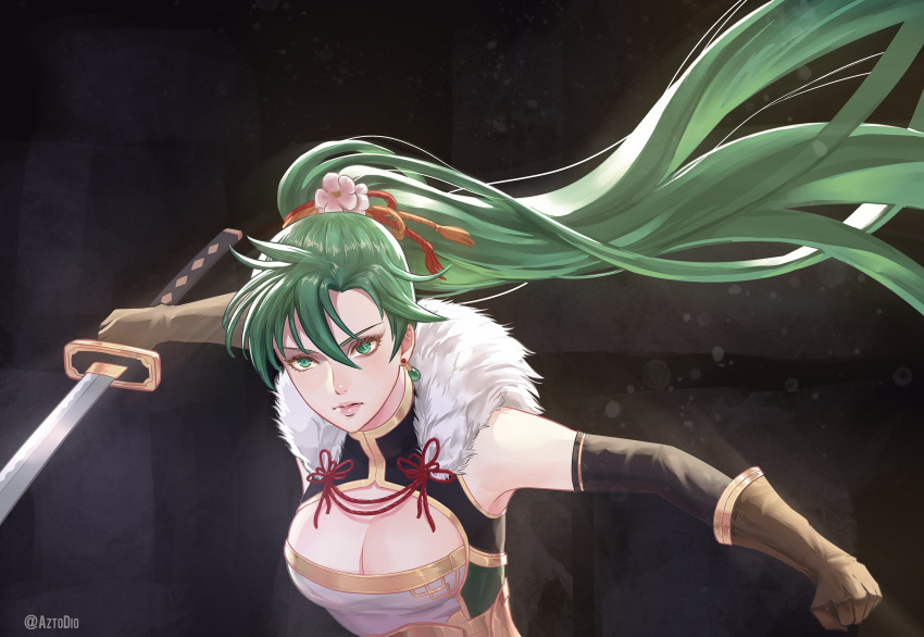 azto_dio breasts cleavage cleavage_cutout earrings eyelashes fire_emblem fire_emblem:_rekka_no_ken fire_emblem_heroes flower fur_collar gloves green_eyes green_hair hair_flower hair_ornament highres holding holding_sword holding_weapon jewelry katana large_breasts lips looking_at_viewer lyndis_(fire_emblem) ponytail serious solo sword weapon