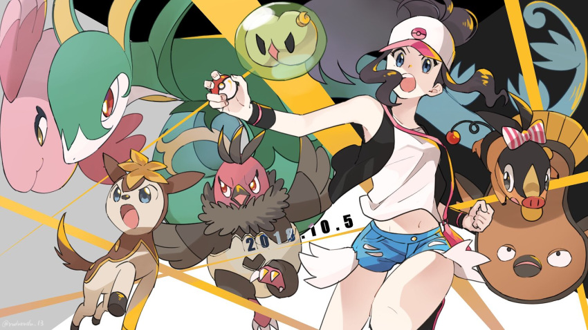 alomomola bag bare_legs baseball_cap black_vest blue_eyes brown_hair commentary_request cutoffs dated deerling denim denim_shorts duosion exposed_pocket gen_5_pokemon hat high_ponytail long_hair open_clothes open_vest poke_ball pokemon pokemon_(creature) pokemon_special rozu_ki serperior shirt short_shorts shorts shoulder_bag sidelocks sleeveless sleeveless_shirt stunfisk tank_top tepig vest vullaby white_(pokemon) white_shirt