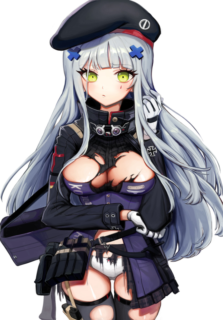 absurdres arm_across_waist bangs beret black_legwear blunt_bangs blush breasts cleavage clothes_writing combat_knife commentary_request cowboy_shot damaged eyebrows_visible_through_hair facial_mark frown girls_frontline gloves green_eyes gun hair_ornament hand_in_hair hat highres hk416_(girls_frontline) iron_cross jacket knife knife_holster long_hair looking_at_viewer magazine_(weapon) medium_breasts minttea1989 panties plaid plaid_skirt pouch ribbon-trimmed_panties sidelocks silver_hair simple_background skindentation skirt solo strap teardrop thighhighs torn_clothes torn_jacket torn_legwear torn_skirt underwear very_long_hair weapon weapon_bag white_background white_panties