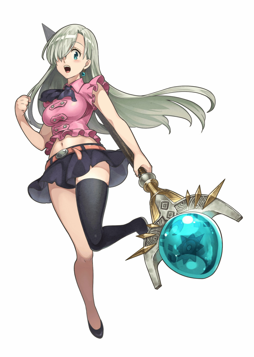 absurdres aqua_eyes asymmetrical_bangs bangs black_footwear black_skirt blush earrings elizabeth_liones full_body hair_over_one_eye highres holding jewelry long_hair midriff nanatsu_no_taizai navel official_art one_eye_covered open_mouth silver_hair simple_background single_thighhigh skirt solo staff thighhighs white_background