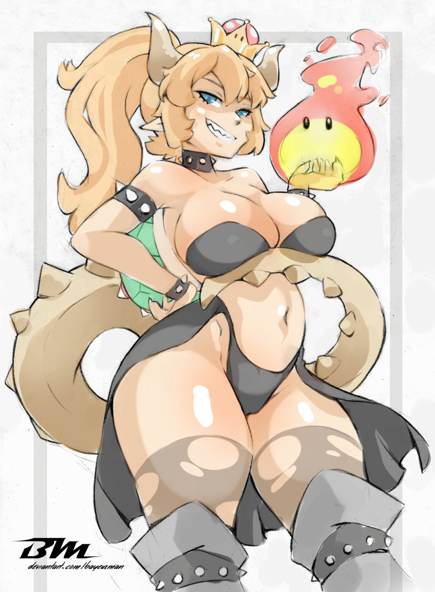 2018 5_fingers animal_humanoid armband bayeuxman big_breasts blonde_hair blue_eyes boots bowser bowsette_meme bracelet breasts choker cleavage clothed clothing collar crossgender digital_media_(artwork) female fire footwear grin hair half-closed_eyes hand_on_hip horn humanoid jewelry koopa light_skin lingerie long_hair looking_at_viewer magic mario_bros navel nintendo ponytail pose scalie shell simple_background smile solo spiked_armlet spiked_bracelet spiked_collar spiked_shell spiked_tail spikes super_crown thick_thighs thong torn_clothing video_games white_background