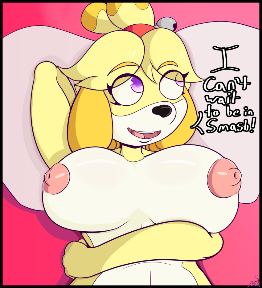 2018 animal_crossing anthro blonde_hair blush breasts canine digital_media_(artwork) dog female fur hair isabelle_(animal_crossing) lying mammal nintendo not_safe_for_reality nude on_back open_mouth shih_tzu smile solo text video_games yellow_fur