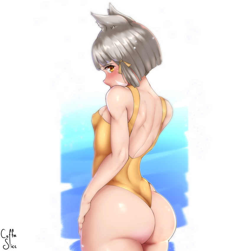 1girl animal_ears artist_name ass back bare_arms bare_back bare_shoulders blush breasts cat_ears coffeeslice curvy embarrassed from_behind hips huge_ass looking_at_viewer looking_back nintendo niyah one-piece_swimsuit shiny shiny_clothes shiny_hair shiny_skin short_hair sideboob small_breasts solo swimsuit wide_hips xeno_(series) xenoblade_(series) xenoblade_2 yellow_eyes