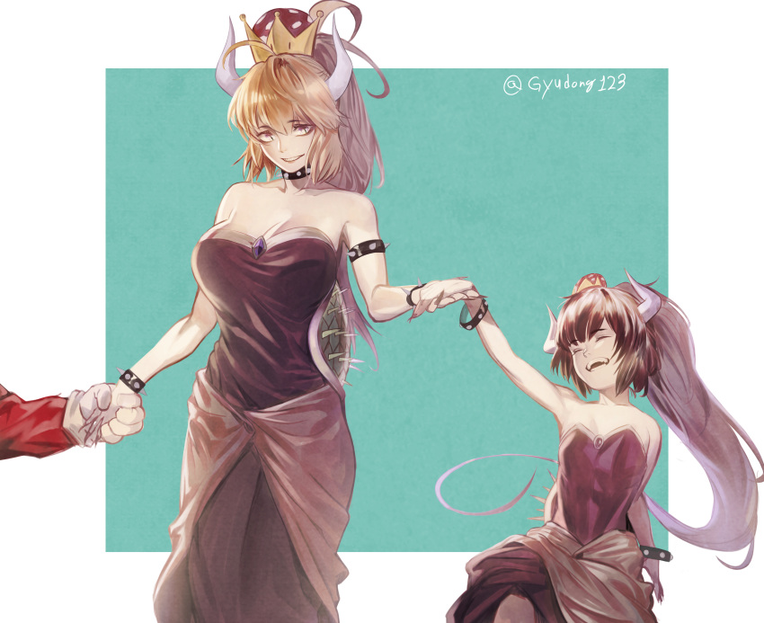 2girls absurdres bare_shoulders black_dress blonde_hair bowsette bowsette_jr. bracelet breasts brown_eyes cleavage closed_eyes collar commentary_request crown dress gloves gyudong123 highres holding_hands horns jewelry long_hair looking_at_viewer male_hand mario mario_(series) mother_and_daughter multiple_girls new_super_mario_bros._u_deluxe open_mouth out_of_frame ponytail sharp_teeth shell simple_background spiked_armlet spiked_bracelet spiked_collar spikes standing studded_bracelet super_crown super_mario_bros. teeth twitter_username white_gloves