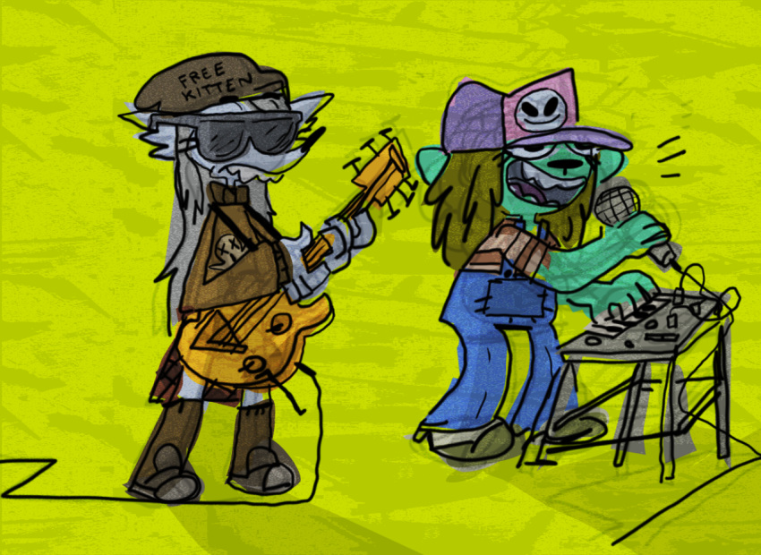 abstract_background anthro band bass_guitar beanie c canine cate_wurtz clothing dog eyewear fox guitar hat keyboard mammal microphone musical_instrument overalls singing sour_gummy striped_shirt sunglasses sweater teeth