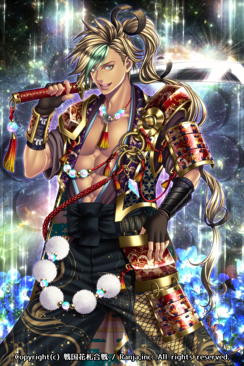 abs aqua_hair armor black_gloves blonde_hair blue_eyes bracer commentary_request company_name falchion_(weapon) fingerless_gloves gloves hand_on_hip highres jewelry long_hair male_focus mito_amatsu multicolored_hair muscle necklace o-ring official_art over_shoulder ponytail scale_print sengoku_hanafuda_kassen smile standing two-tone_hair