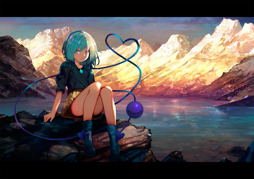 alternate_costume aqua_hair arm_support bangs bare_legs blue_eyes closed_mouth commentary_request convenient_leg day elbow_sleeve green_footwear green_shirt heart heart_of_string knees_up komeiji_koishi lake letterboxed light_blush looking_at_viewer medium_hair miniskirt mountain no_hat no_headwear onion_(onion_and_pi-natto) rock scenery shirt sitting skirt sleeve sleeves_past_elbows smile solo sunlight third_eye touhou water yellow_skirt