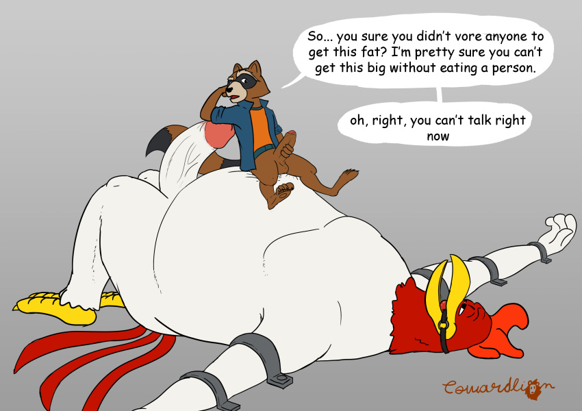 2018 anthro avian ball_gag balls bdsm beak bird bondage bound chicken clothed clothing cowardlion dialogue digital_media_(artwork) duo erection flat_colors foghorn_leghorn fur gag guardians_of_the_galaxy humanoid_penis larger_male leghorn_chicken looney_tunes male male/male mammal marvel masturbation nude overweight penis rocket_raccoon simple_background size_difference small_dom_big_sub smaller_male warner_brothers