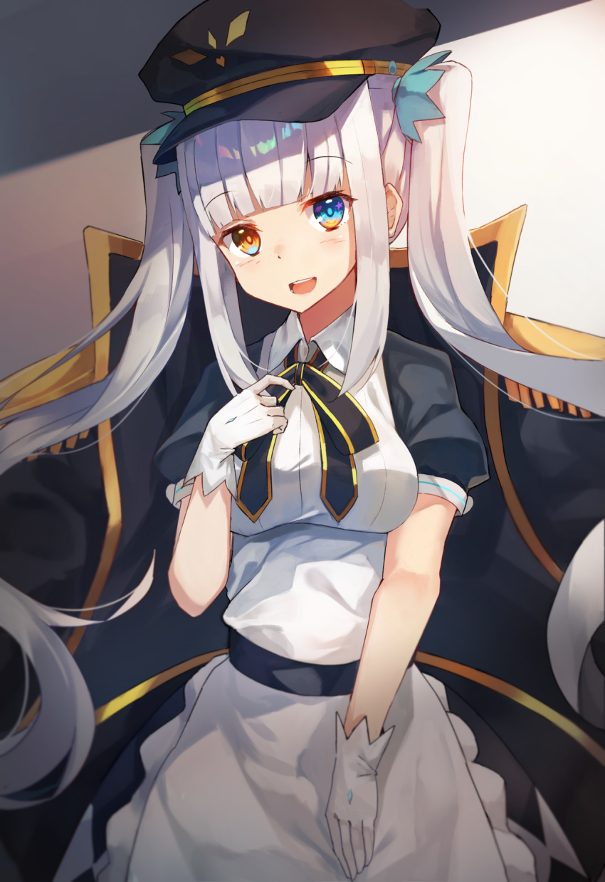 black_hat blue_eyes blush breasts eyebrows_visible_through_hair gloves hair_ornament hat heterochromia highres hopepe kagura_mea kagura_mea_channel long_hair looking_at_viewer medium_breasts multicolored multicolored_eyes open_mouth orange_eyes silver_hair smile twintails virtual_youtuber white_gloves