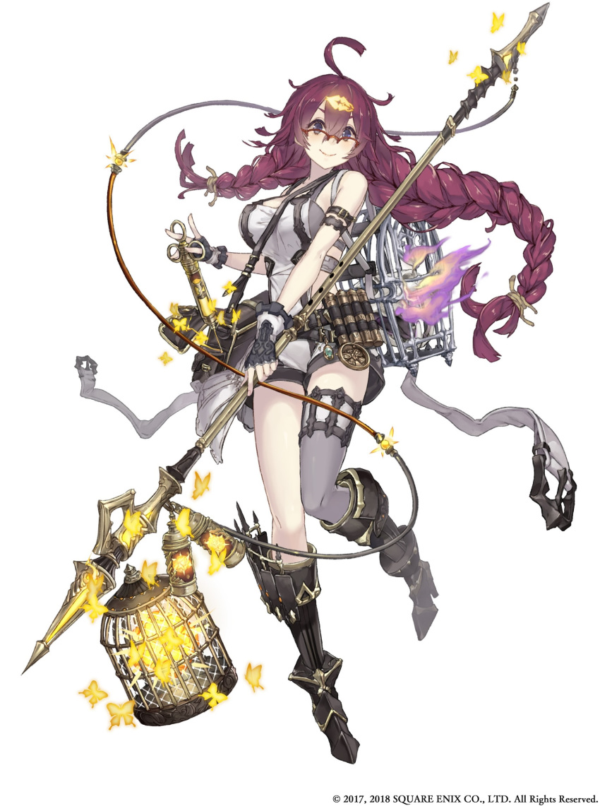 absurdres ahoge animal_skull asymmetrical_hair asymmetrical_legwear bag bare_shoulders belt blue_eyes boots braid breasts bug butterfly cable cage canister dorothy_(sinoalice) fingerless_gloves full_body glasses gloves glowing_butterfly hair_ornament hairclip highres insect ji_no knee_boots large_breasts long_hair looking_at_viewer messy_hair official_art over-rim_eyewear polearm purple_hair semi-rimless_eyewear shorts shoulder_bag single_thighhigh sinoalice smile solo spear standing standing_on_one_leg syringe thighhighs weapon white_background