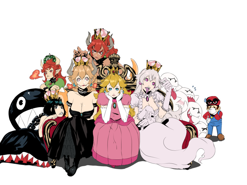 6+girls :3 armlet bad_id bad_pixiv_id black_collar black_hair blonde_hair blue_eyes boo bowser bowser_peach bowsette bracelet breasts breathing_fire brooch cappy_(mario) chain_chomp chin_rest cleavage collar commentary couch crown dress earrings facepalm fang fangs fire frilled_dress frills gloves heart heart-shaped_pupils highres horns jewelry large_breasts long_tongue mario mario_(series) multiple_girls new_super_mario_bros._u_deluxe pink_eyes pointy_ears poppyhecate princess_chain_chomp princess_king_boo princess_peach puffy_short_sleeves puffy_sleeves purple_tongue red_hair sharp_teeth short_sleeves sidelocks sitting smile spiked_armlet spiked_bracelet spiked_collar spiked_tail spikes strapless strapless_dress super_crown super_mario_odyssey sweatdrop symbol-shaped_pupils tail teeth thick_eyebrows tongue tongue_out white_dress white_gloves