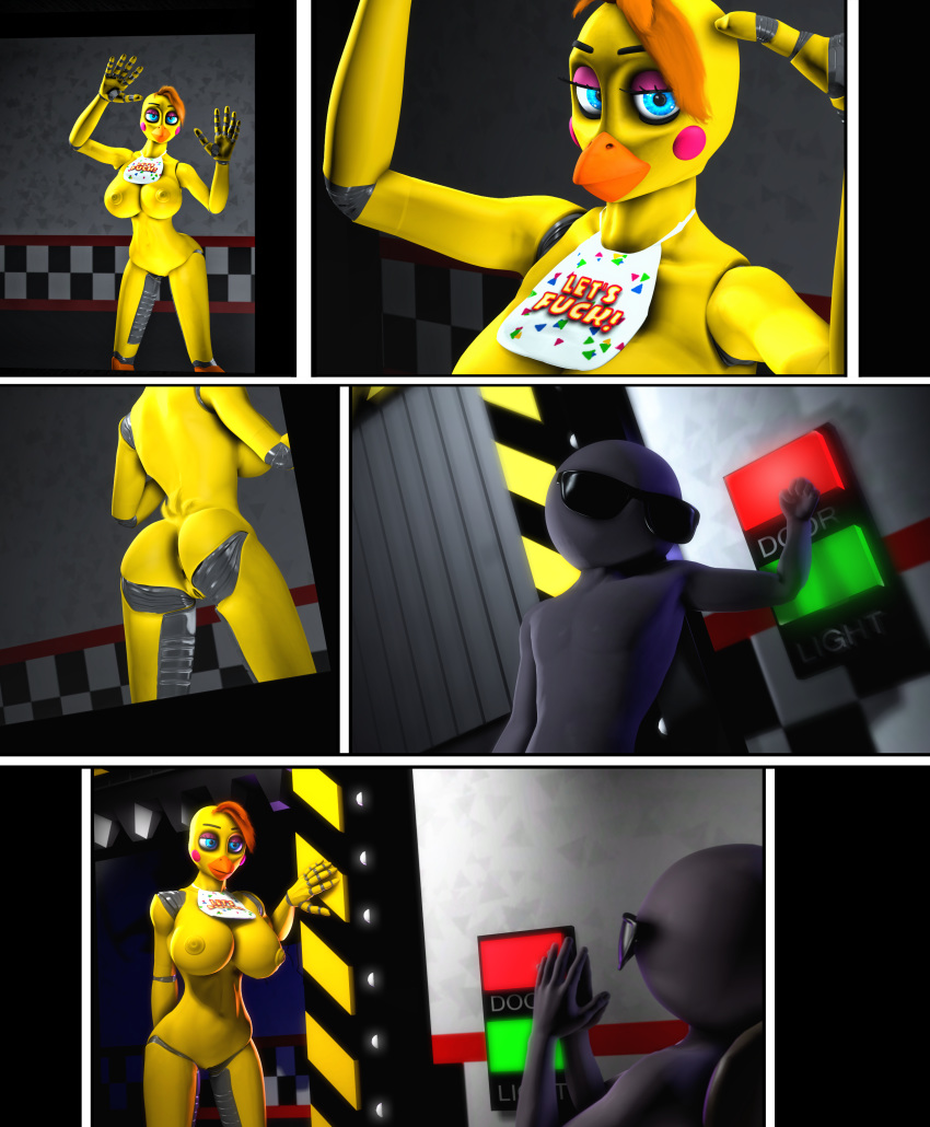 3d_(artwork) anon anthro avian big_breasts bird blue_eyes bow breasts chicken digital_media_(artwork) female five_nights_at_freddy's five_nights_at_freddy's_2 hi_res humanoid humanoid_on_anthro lagomorph looking_at_viewer male mammal nipples nude pervertguy341 source_filmmaker toy_chica_(fnaf) video_games