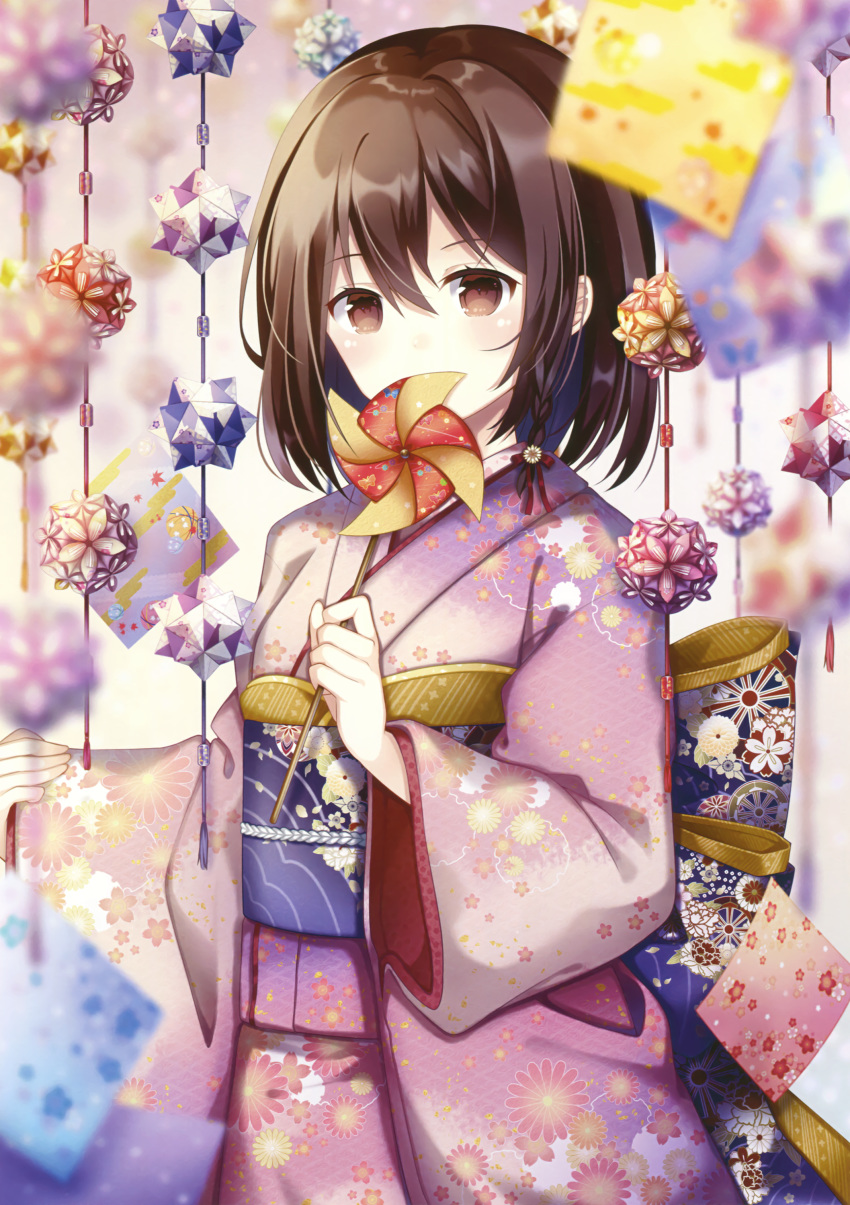 absurdres bangs blurry blurry_background blurry_foreground blush bow braid brown_eyes brown_hair depth_of_field floral_print flower hair_between_eyes hair_flower hair_ornament hair_ribbon highres holding japanese_clothes kimono kusada_souta large_bow long_sleeves looking_at_viewer obi original pink_kimono pinwheel print_kimono purple_bow red_ribbon ribbon sash scan short_hair side_braid sleeves_past_wrists solo upper_body wide_sleeves