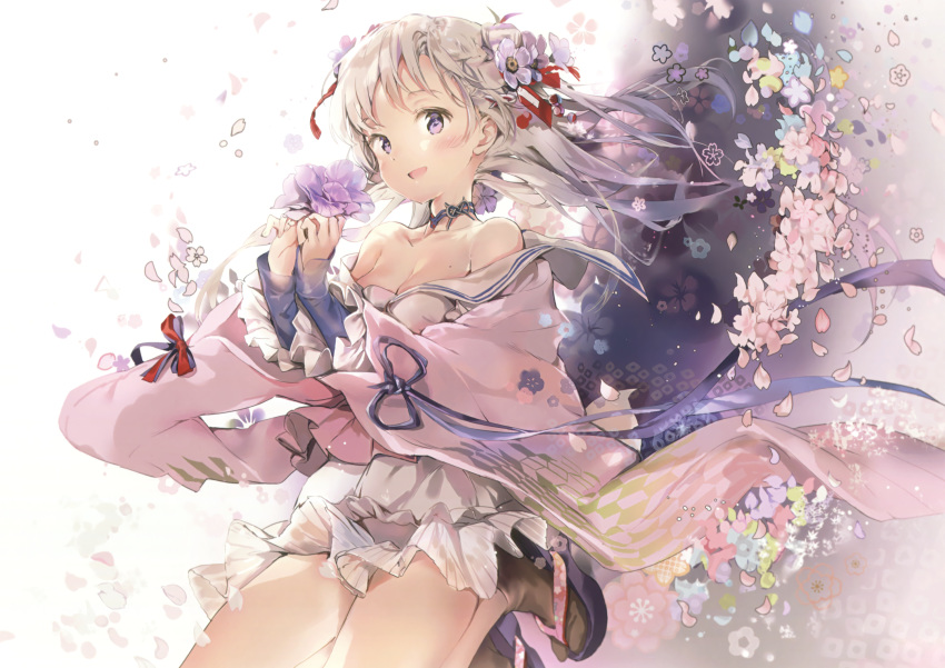 anmi bangs bare_shoulders black_legwear blush breasts choker detached_sleeves flower gradient gradient_background grey_hair hair_ornament highres japanese_clothes long_hair looking_at_viewer medium_breasts mole mole_on_breast open_mouth original petals purple_eyes sandals sash scan shiny shiny_hair simple_background skirt smile solo tabi wide_sleeves