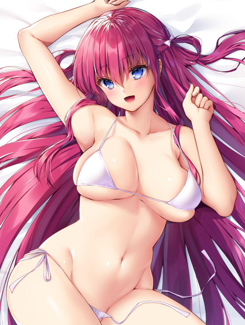 :d arm_up armpits bikini blue_eyes breasts cleavage commentary_request cowboy_shot eyebrows_visible_through_hair grisaia_(series) hair_between_eyes half_updo highres jiiwara large_breasts long_hair lying navel on_back one_side_up open_mouth pink_hair side-tie_bikini skindentation smile solo strap_gap string_bikini suou_amane swimsuit untied untied_bikini very_long_hair white_bikini