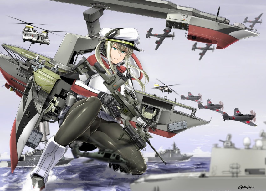 aircraft aircraft_request bf_109 black_gloves black_legwear blonde_hair bv_155 capelet ch-47_chinook commentary_request flettner_fl282 full_body giantess gloves graf_zeppelin_(kantai_collection) grey_eyes gun hair_between_eyes harpoon_missile hat headphones helicopter jacket kantai_collection looking_at_viewer machinery military military_hat military_uniform military_vehicle miniskirt necktie pantyhose peaked_cap phalanx_ciws rifle saizu_nitou_gunsou sh-60_seahawk ship sidelocks skirt solo twintails uniform warship water watercraft weapon weapon_request white_hat