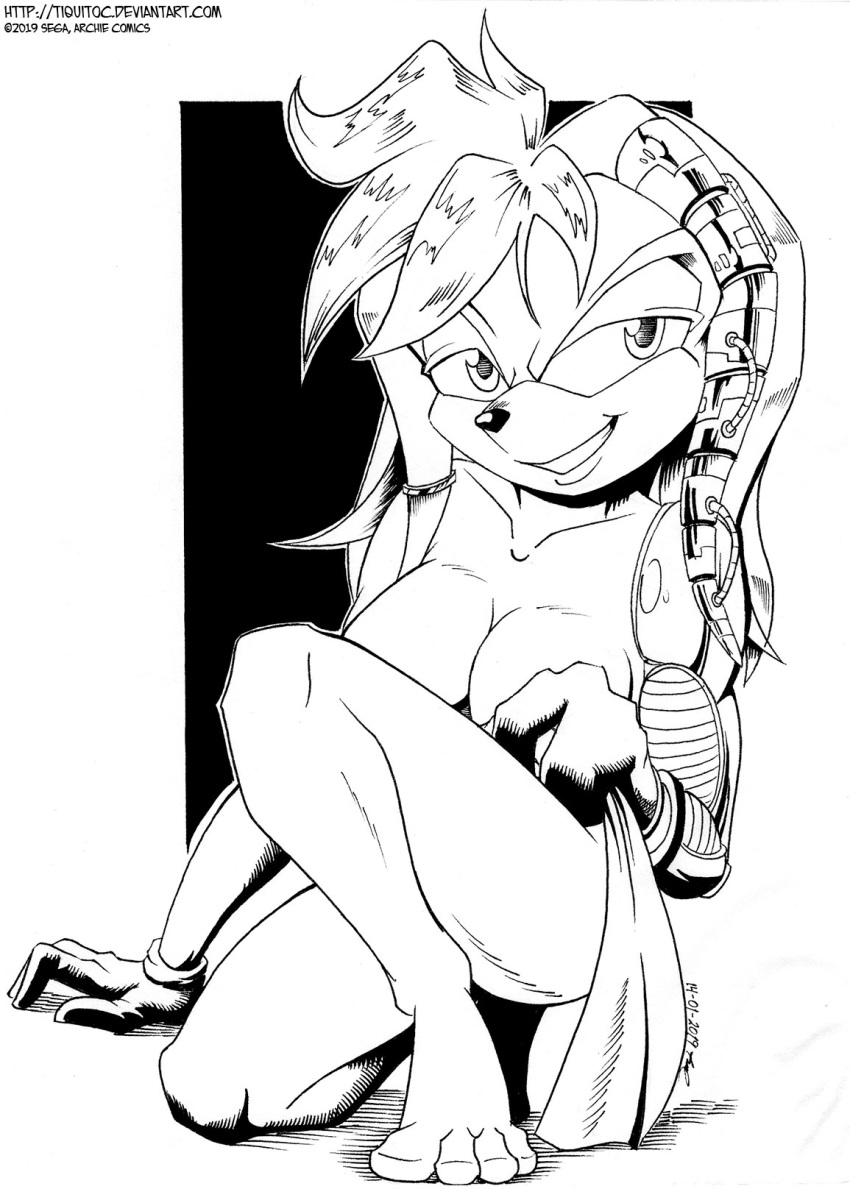 2019 anthro breasts cleavage clothed clothing cybernetics echidna female hair julie-su looking_at_viewer machine mammal monochrome monotreme nude simple_background sketch smile solo sonic_(series) tiquitoc