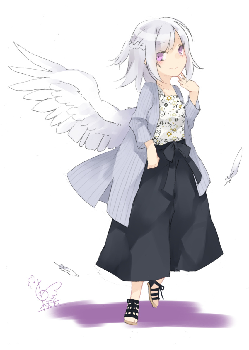 alternate_costume alternate_eye_color bangs black_pants blush braid casual collarbone commentary_request contemporary eyebrows_visible_through_hair feathered_wings feathers floral_print french_braid full_body grey_jacket hand_up highres jacket kishin_sagume long_sleeves looking_at_viewer pants pink_eyes shadow shirt short_hair signature silver_hair simple_background single_wing smile solo standing standing_on_one_leg swept_bangs touhou toutenkou vertical-striped_jacket white_background white_shirt white_wings wings