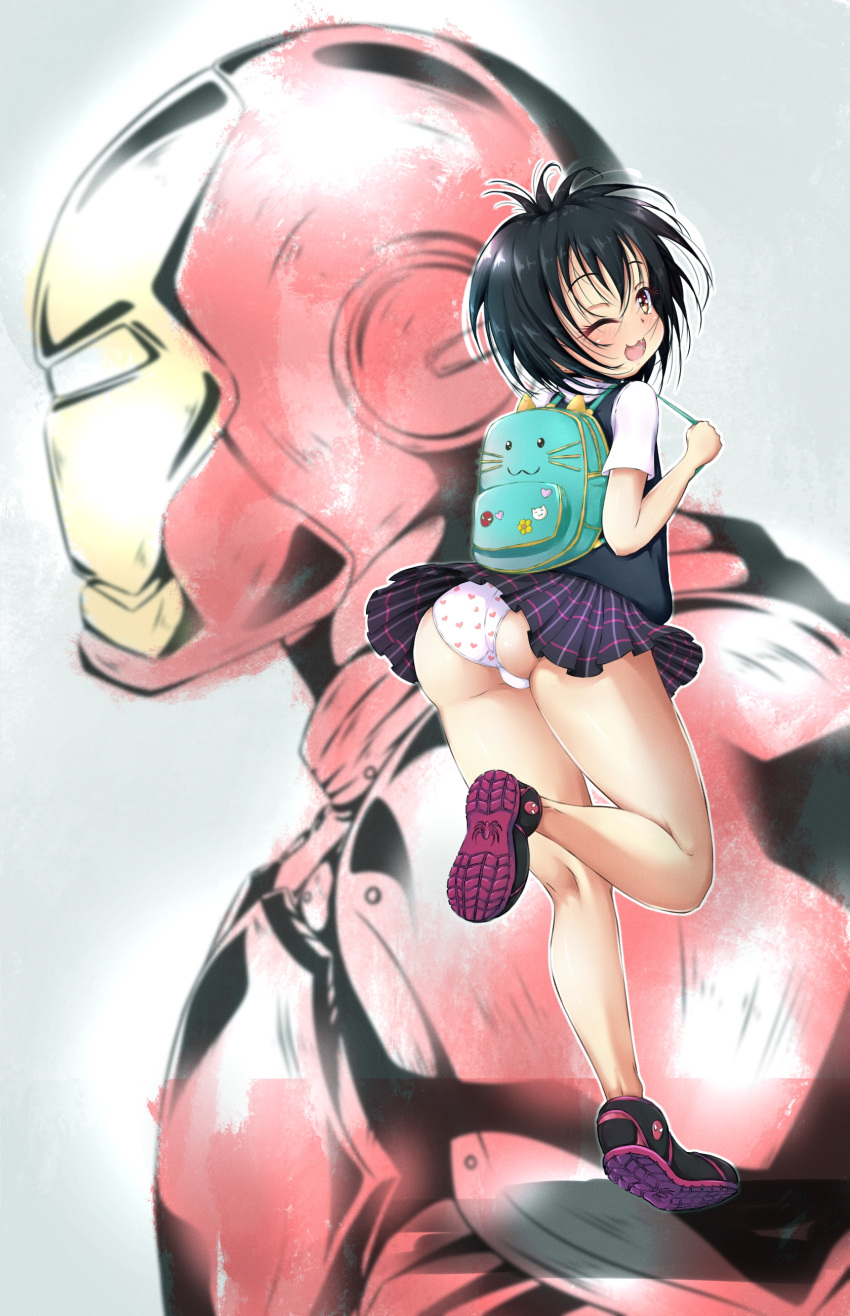 1girl absurdres ass backpack bag black_hair blush commentary ether_core from_behind heart heart_panties heart_print highres iron_man kneepits looking_at_viewer looking_back marvel messy_hair open_mouth orange_eyes panties peni_parker pleated_skirt print_panties school_uniform serafuku shiny shiny_hair shiny_skin short_hair short_sleeves skirt smile solo_focus spider-man:_into_the_spider-verse spider-man_(series) underwear