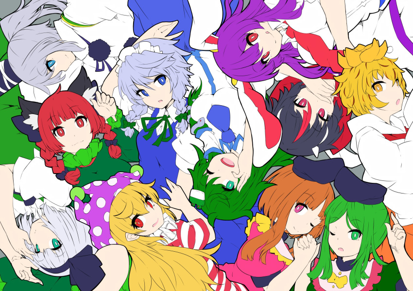 :3 :o :q ;) ;d american_flag_dress animal_ear_fluff animal_ears arm_up bangs black_bow black_hair black_hairband black_hat black_ribbon blonde_hair blouse blue_dress blue_eyes blue_neckwear blue_skirt bob_cut bow braid breasts brown_hair bunny_ears cat_ears clownpiece collarbone commentary_request covering_mouth dress eyebrows_visible_through_hair flat_color frog_hair_ornament green_bow green_dress green_eyes green_hair green_ribbon green_vest grey_background hair_between_eyes hair_bow hair_ornament hair_ribbon hair_tubes hairband hands_up hat head_tilt highres holding_hands horns ishimu izayoi_sakuya jester_cap kaenbyou_rin kijin_seija kochiya_sanae konpaku_youmu large_breasts long_hair long_sleeves looking_at_viewer maid maid_headdress medium_breasts mononobe_no_futo multicolored_hair multiple_girls neck_ribbon neck_ruff necktie nishida_satono one_eye_closed open_mouth parted_lips pink_dress pink_eyes polka_dot_hat pom_pom_(clothes) ponytail profile puffy_short_sleeves puffy_sleeves purple_hair purple_hat purple_sash red_dress red_eyes red_hair red_neckwear red_sailor_collar reisen_udongein_inaba ribbon sailor_collar shirt short_hair short_hair_with_long_locks short_sleeves silver_hair simple_background single_sidelock skirt smile snake_hair_ornament streaked_hair striped striped_dress teireida_mai tongue tongue_out toramaru_shou touhou twin_braids twintails upper_body upside-down vest white_blouse white_dress white_hair white_shirt wide_sleeves wing_collar yellow_bow yellow_eyes