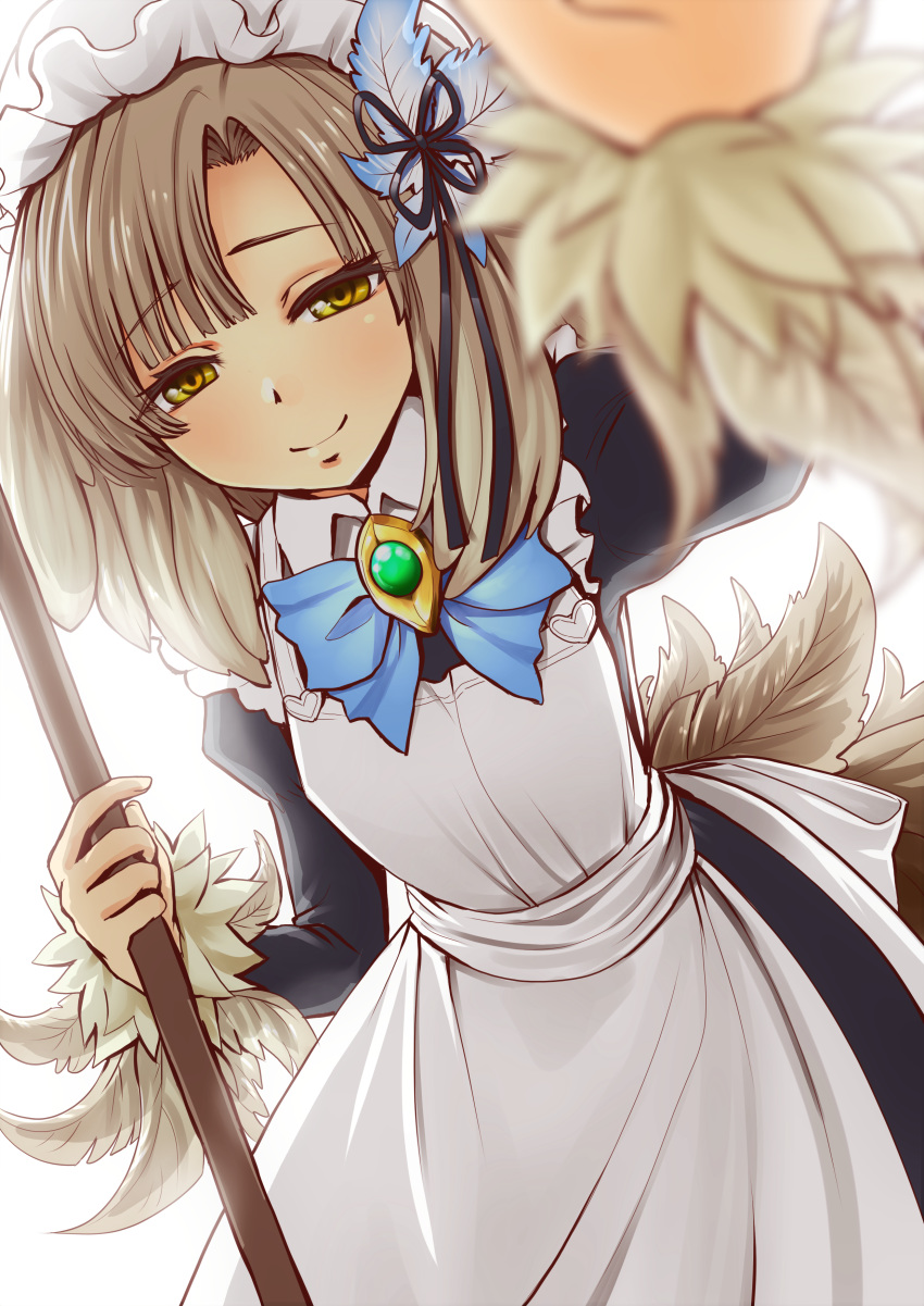 absurdres apron backlighting bad_deviantart_id bad_id blue_neckwear blurry blurry_foreground depth_of_field eyebrows_visible_through_hair eyes_visible_through_hair feather_hair_ornament feathers hair_ornament hat highres incoming_headpat juliet_sleeves kikimora_(monster_girl_encyclopedia) light_brown_hair long_sleeves looking_at_viewer maid maid_apron medium_hair monster_girl monster_girl_encyclopedia outstretched_arm puffy_sleeves purdoy25 reaching_out simple_background smile solo white_background yellow_eyes