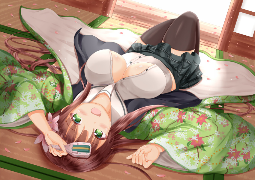 blush breasts brown_hair gochuumon_wa_usagi_desu_ka? green_eyes japanese_clothes kimono long_hair no_bra open_shirt petals seifuku skirt thighhighs ujimatsu_chiya zenon_(for_achieve)