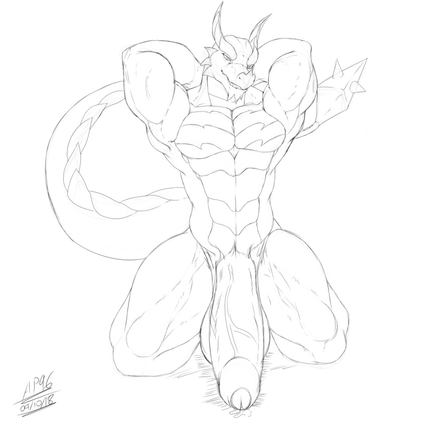 angrypotato96 anthro balls big_balls big_penis clothing dragon greyscale hands_behind_back huge_penis humanoid_penis kneeling looking_at_viewer male monochrome muscular muscular_male penis precum sketch solo uncut underwear vein veiny_penis