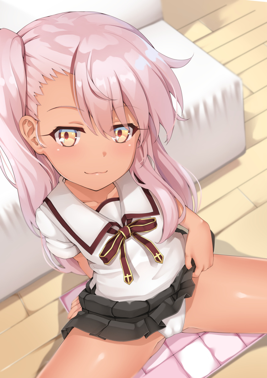 :3 absurdres ass_visible_through_thighs bad_revision black_skirt blush chloe_von_einzbern closed_mouth commentary_request cross_print dark_skin downscaled_revision eyebrows_visible_through_hair eyes_visible_through_hair fate/kaleid_liner_prisma_illya fate_(series) from_above highres homurahara_academy_uniform long_hair looking_at_viewer md5_mismatch neck_ribbon panties pink_hair print_neckwear print_ribbon red_neckwear red_ribbon ribbon school_uniform shirt side_ponytail sitting skirt smile solo spread_legs toketou underwear white_panties white_shirt yellow_eyes