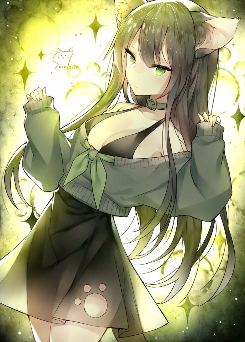 animal_ear_fluff animal_ears bangs bare_shoulders black_dress breasts brown_hair cat_ears closed_mouth collarbone commentary_request dress dutch_angle eyebrows_visible_through_hair fingernails green_eyes green_neckwear grey_sweater highres long_hair long_sleeves looking_at_viewer medium_breasts neckerchief off-shoulder_sweater original pinching_sleeves signature sleeveless sleeveless_dress sleeves_past_wrists solo sparkle sweater touwa_nikuman very_long_hair whisker_markings