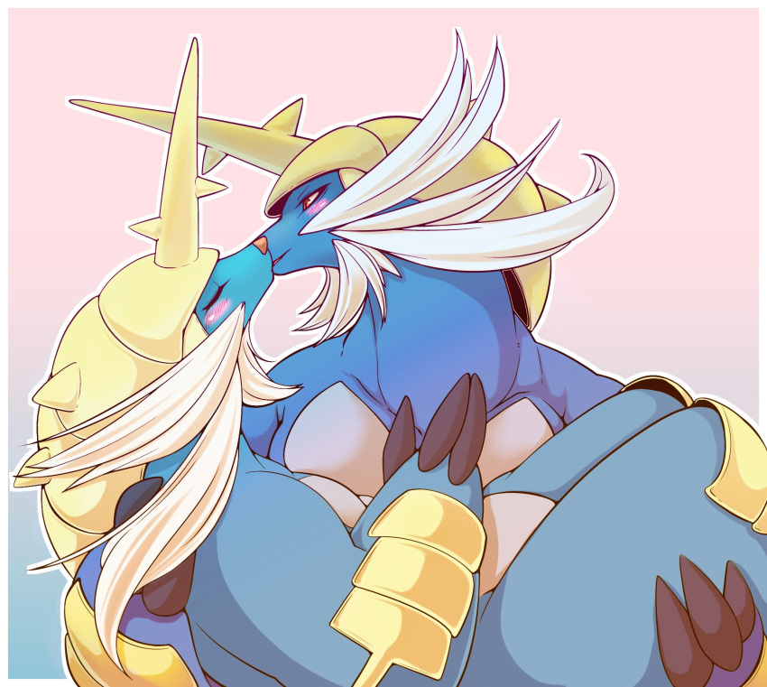 ambiguous/ambiguous ambiguous_gender anthro anthrofied armor blush carrying claws duo eyes_closed half-closed_eyes helmet hi_res kissing nintendo pok&eacute;mon pok&eacute;mon_(species) red_eyes risuou samurott video_games