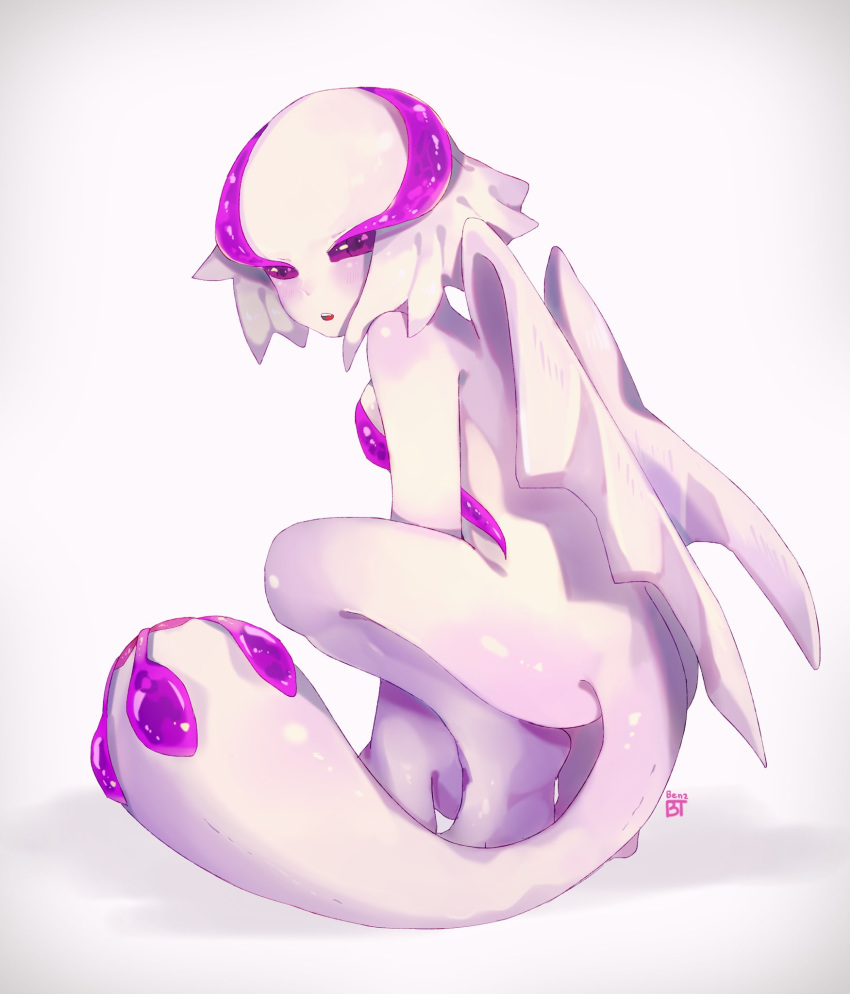 1girl benzbt female gigginox milia_wars monster_girl monster_hunter nude open_mouth pale_skin personification solo squatting tail white_skin wings
