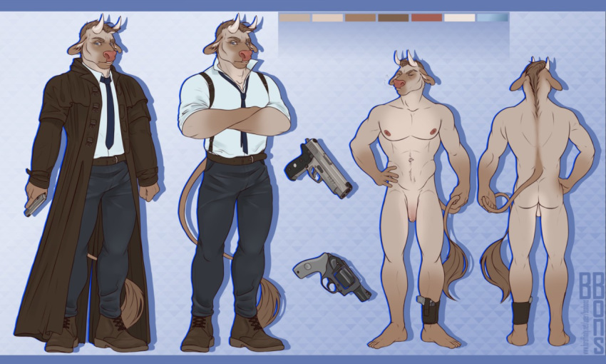 2019 abs anthro barefoot belt biped blue_background blue_eyes bonbons bovid bovine brown_eyebrows brown_hair cattle clothed clothing color_swatch digital_media_(artwork) eyebrows flaccid footwear fully_clothed fur grey_fur grey_tail gun hair hand_on_hip handgun holden_(hurst) holding_object holding_tail holding_weapon horn humanoid_penis male mammal model_sheet muscular muscular_male necktie nipples nude pants pecs penis pistol plantigrade ranged_weapon revolver shoes short_hair simple_background solo standing tail_tuft trenchcoat tuft weapon white_clothing white_horn white_shirt white_topwear